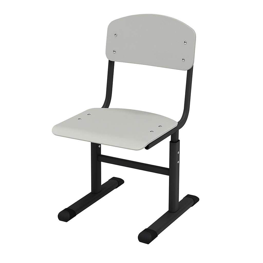 Стілець учнівський Т-подібний, з покриттям фанери пластиком HPL та регулюванням глибини сидіння, на плоскоовальній трубі, ЛЕЛЕКА, 410х460-495х(780)830-910 мм.